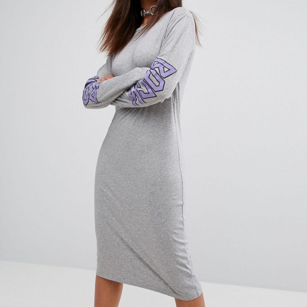 Long Sleeve Back Logo Jersey Midi Dress